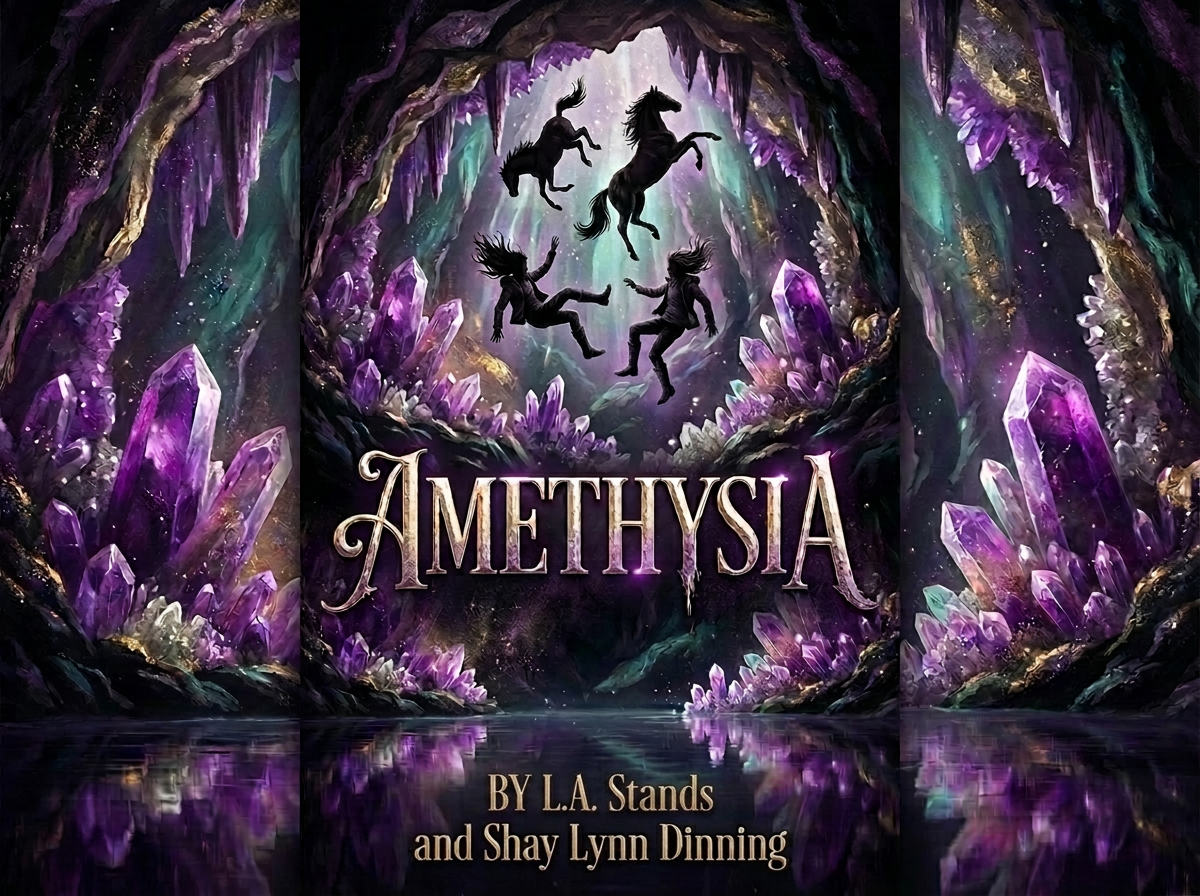 Amethysia series cover — crystal cavern with silhouetted girls and horses, by Shay Lynn Dinning and L.A. Stands