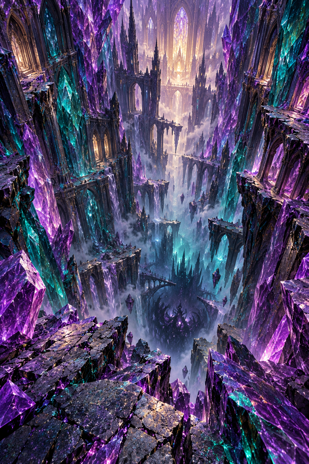 A vertiginous crystal cathedral descending into ominous shadow